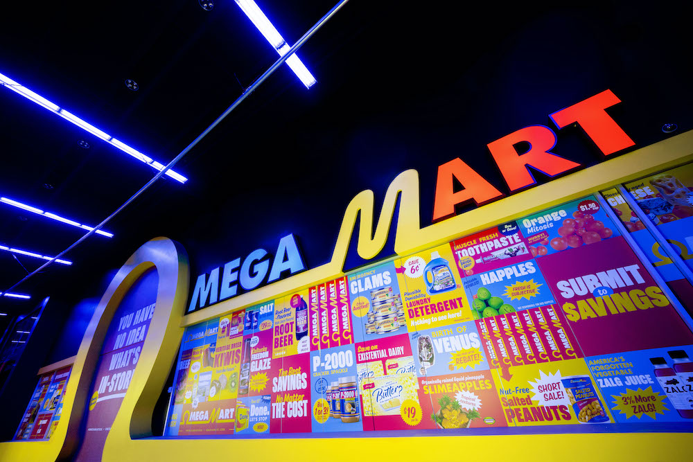 Omega Mart sign from a lower angle looking up