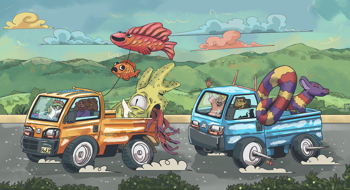 llustration by Marcus Murray depicting a vibrant, whimsical road trip scene between Santa Fe, New Mexico, and Denver, Colorado. Two colorful trucks race along a mountainous landscape, playfully carrying surreal creatures like giant floating fish balloons, a quirky octopus-like character, and a striped snake-like animal. Passengers wave cheerfully, emphasizing the fun, imaginative spirit of a Meow Wolf adventure.