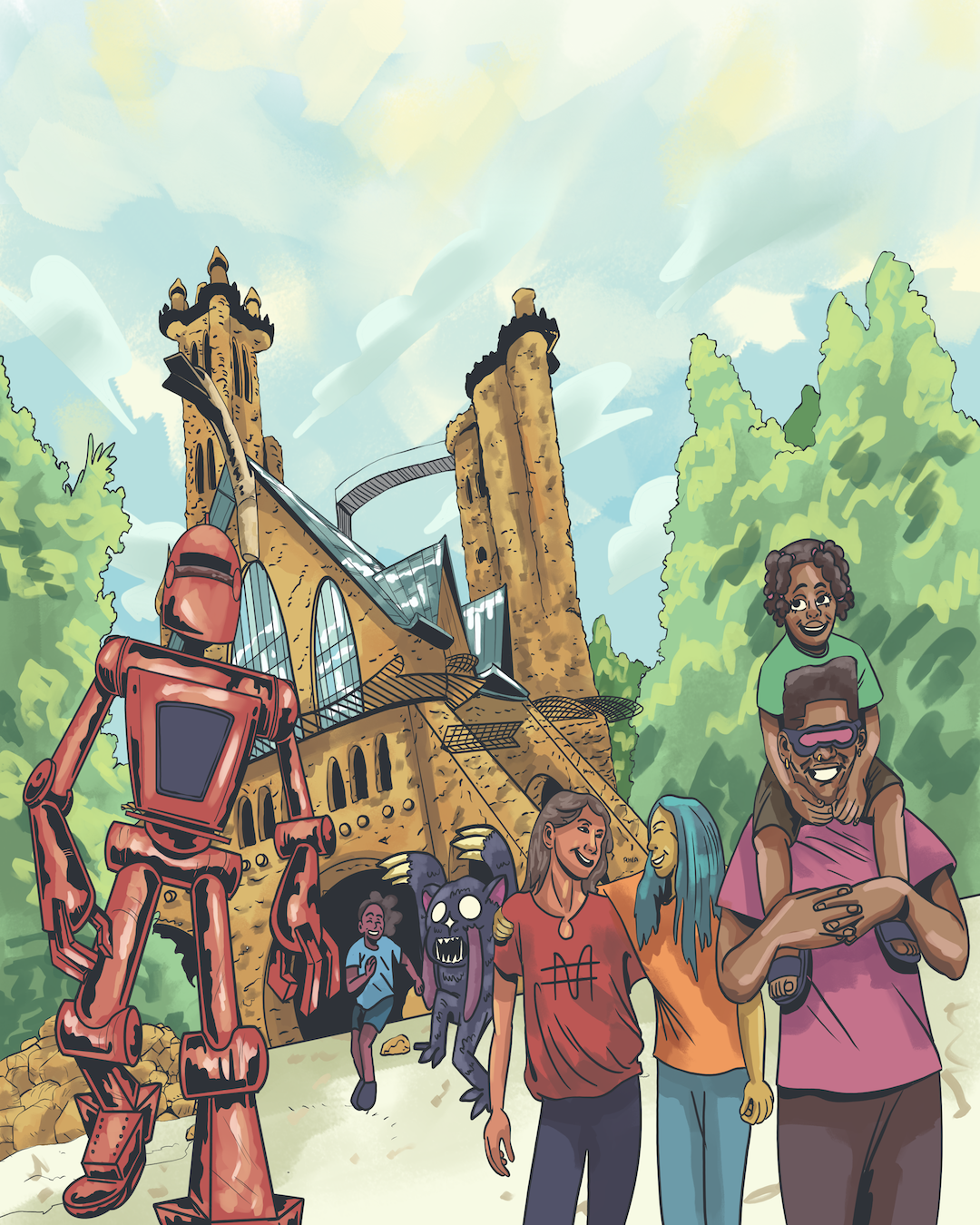 Illustration by Marcus Murray featuring a cheerful, imaginative scene at Bishop's Castle. Families and children explore the whimsical stone castle surrounded by lush greenery. A towering red robot and a playful monster-like creature mingle among visitors, highlighting the fantastical and playful atmosphere of the experience.