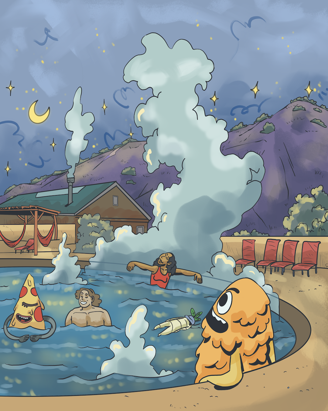 Illustration by Marcus Murray showcasing a playful nighttime scene at Ojo Caliente Mineral Springs Resort. Guests relax in a steaming hot spring under a crescent moon and twinkling stars, surrounded by serene mountains. Surreal characters, including a cheerful pizza slice, a floating radish, and a whimsical one-eyed creature, join in, capturing the quirky and relaxing spirit of the destination.