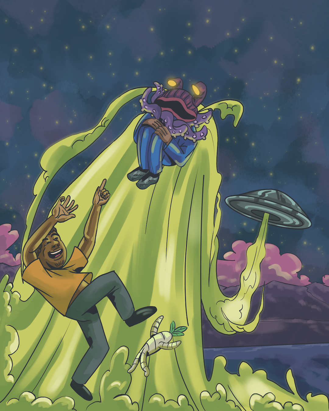 Illustration by Marcus Murray depicting a playful and imaginative alien abduction scene at the UFO Watchtower in Hooper, Colorado. Under a star-filled sky, a laughing visitor is lifted into the air by a glowing green beam from a flying saucer, alongside a mysterious suited figure with an alien-like head. A whimsical radish character floats nearby, emphasizing the fun, quirky atmosphere of this otherworldly roadside attraction.