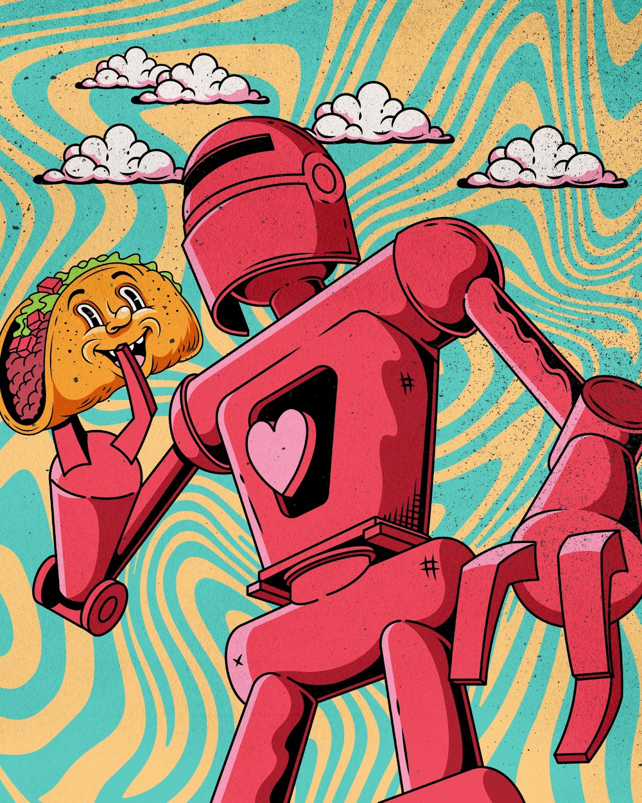 An illustration of a red robot holding a smiling taco.