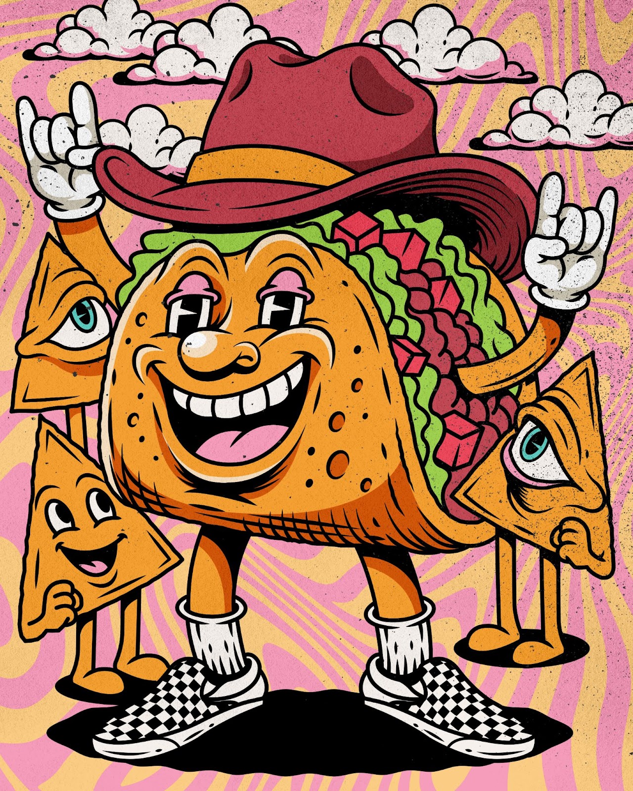 An illustration of a smiling taco holding up the rock hand sign with tortilla chips looking up at it.