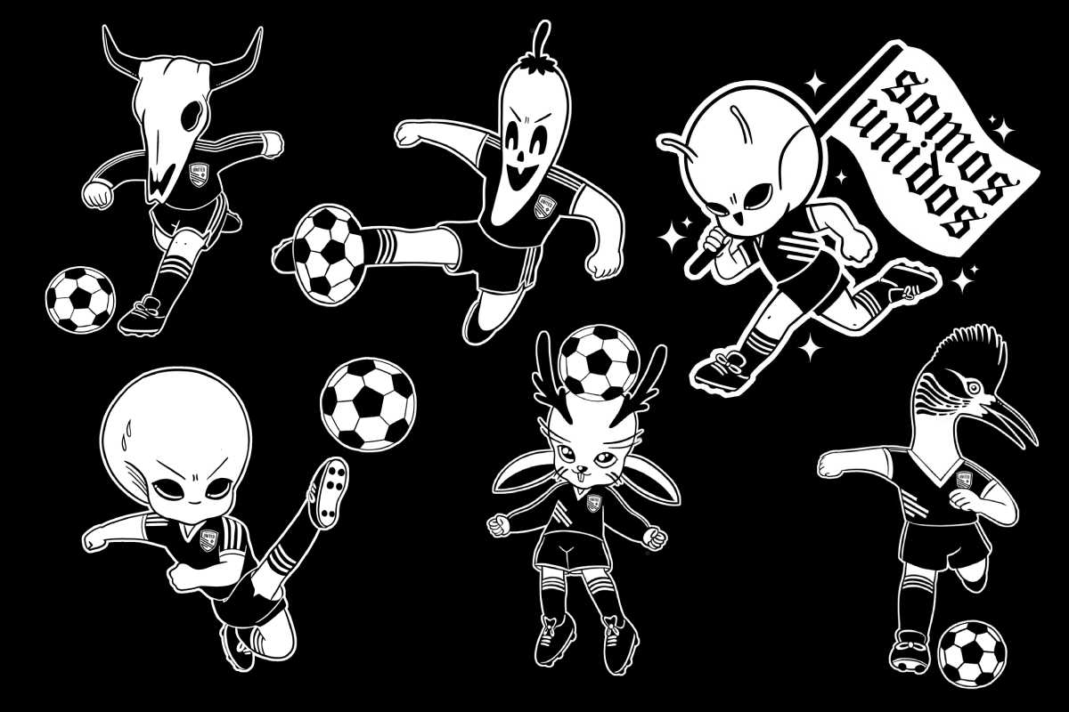 A collage of black and white characters that are doing various things with soccer balls.