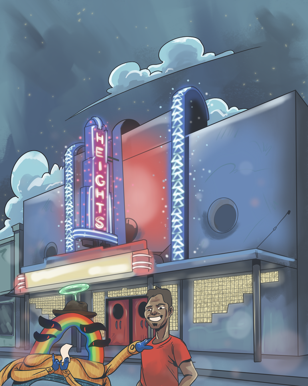 A drawing of a person with a rainbow character hanging outside of a movie theatre.