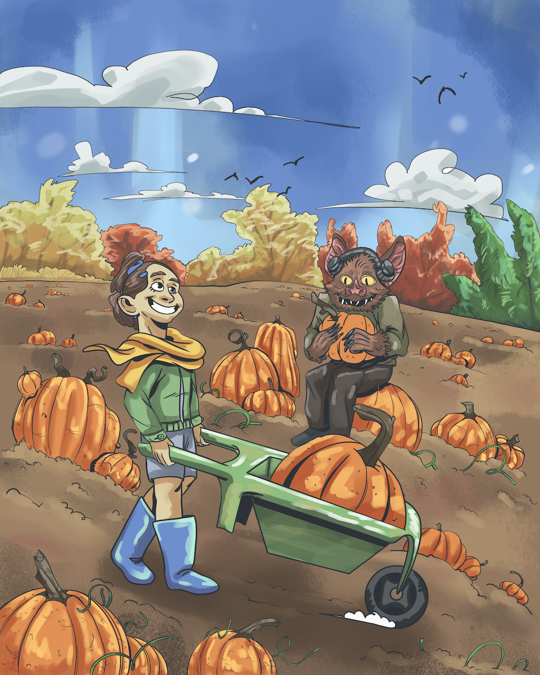 A drawing of a person with a wheelbarrow carrying a pumpkin and bat creature in a pumpkin patch.