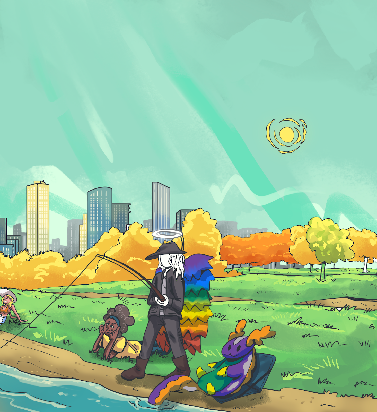 A drawing of a person in a black outfit with rainbow wings fishing in a river and a park scene behind them.