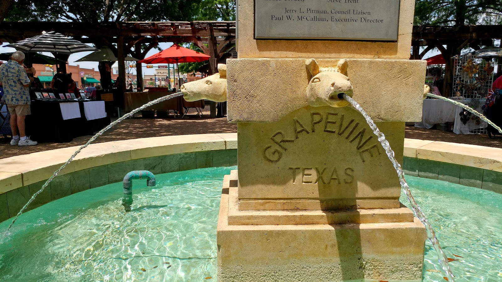A fountain in Historic Downtown Grapevine near the Carol of Lights festival.