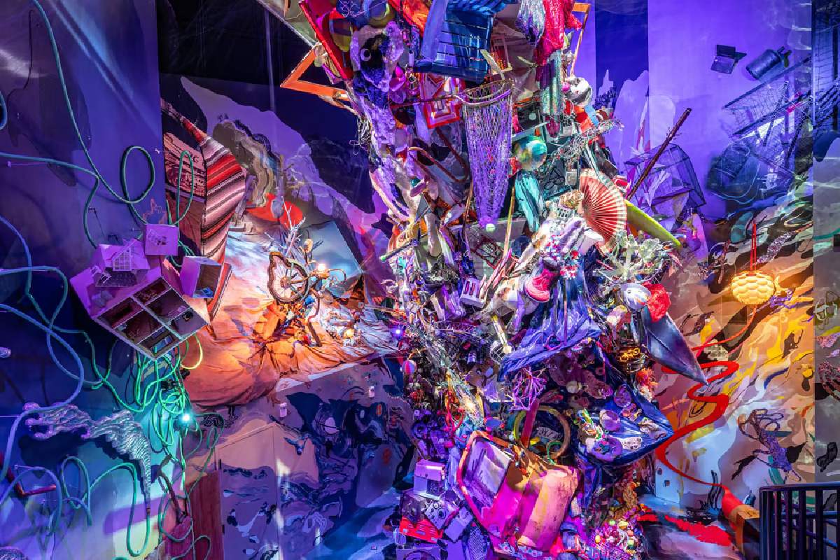 A collection of colorful found objects put together into one amorphous collection.