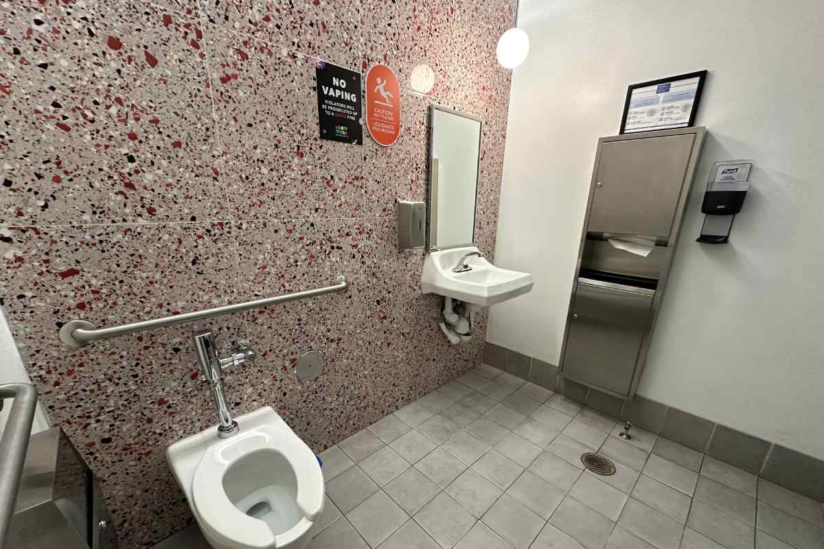A toilet and sink with a red patterened wall.