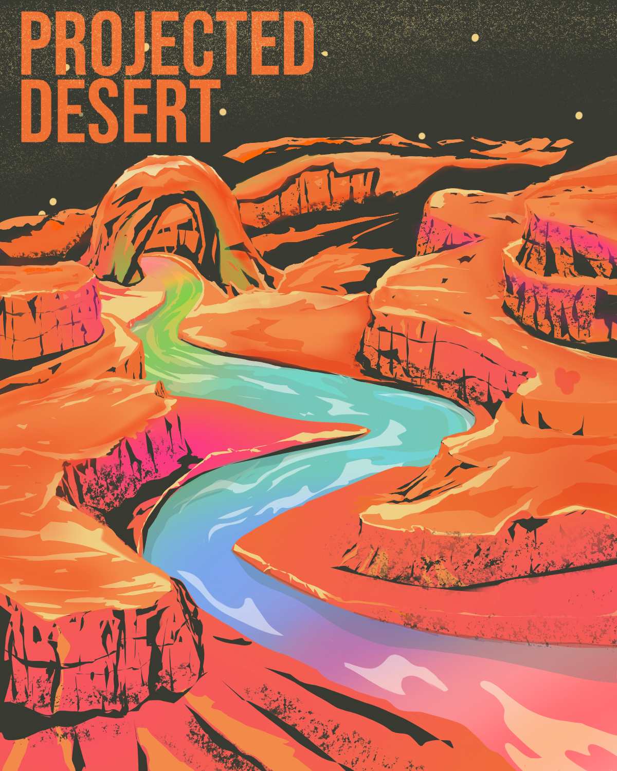 An illustration of a desert with a rainbow river running through it.