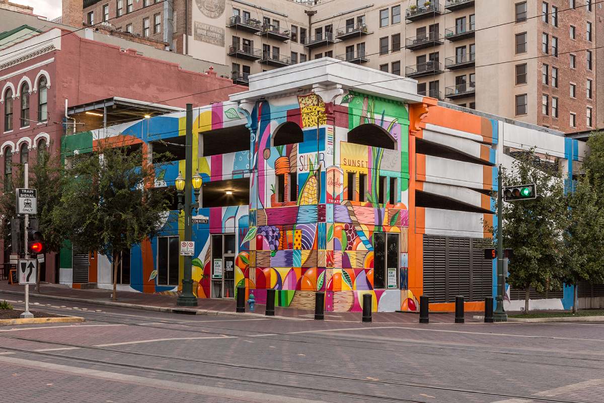 DUAL’s colorful mural on a parking garage.