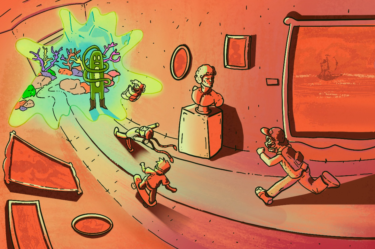 A group of three children run through the halls of an art museum to a portal with a green diver.