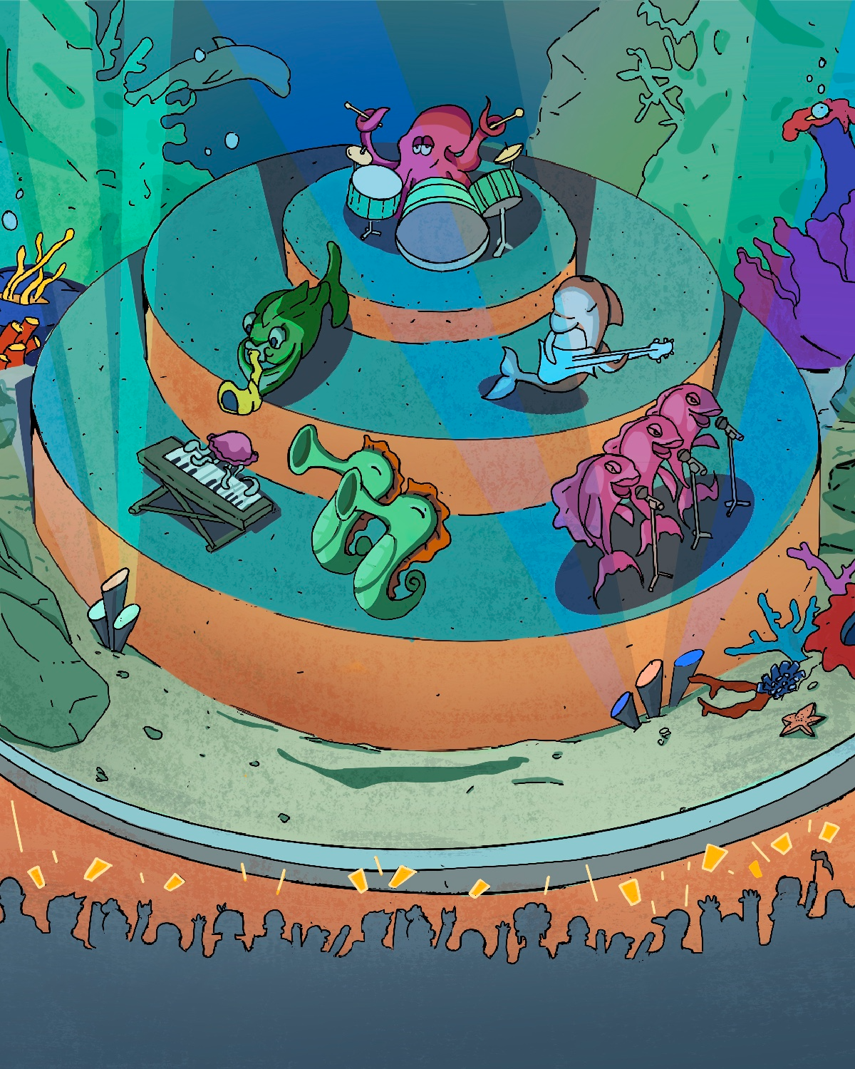 A group of sea animals play various musical instruments in front of an audience at an aquarium.