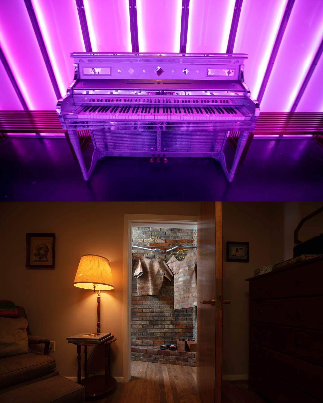 A two photo composite of a purple lit piano with lights behind it and a room opening to a brick alleyway.