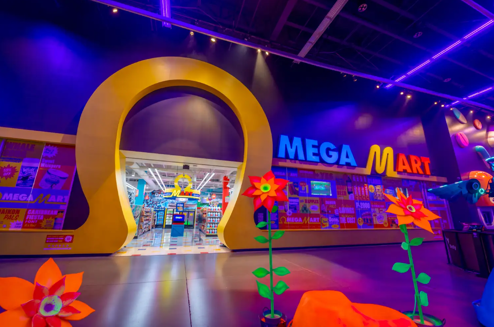 A front of a grocery store titled Omega Mart with a large yellow arch for a doorway.
