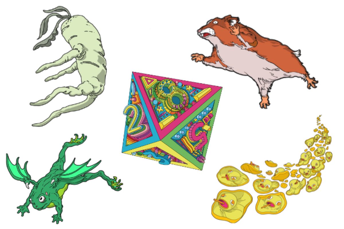 A collection of illustrations of a flying frog, hamster, daikon and rubber ducks around a multicolor 8-sided dice.