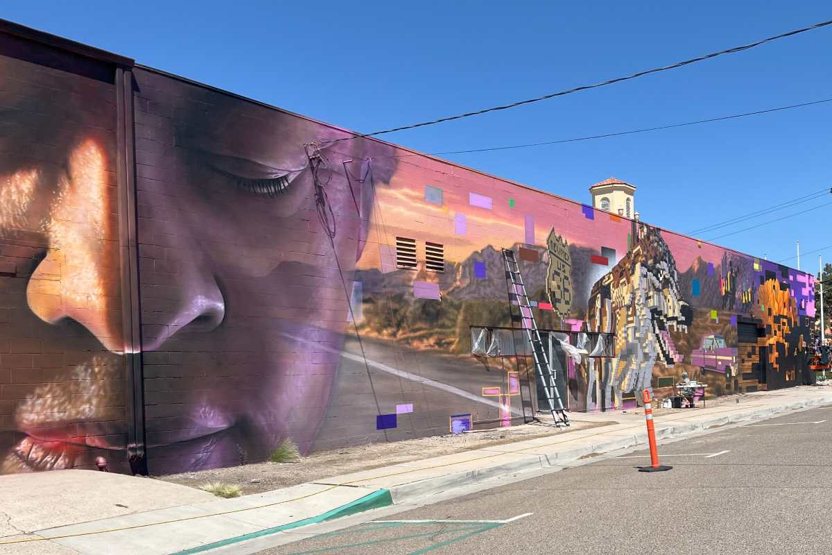 A mural on the side of a building in front of a road with a blue sky