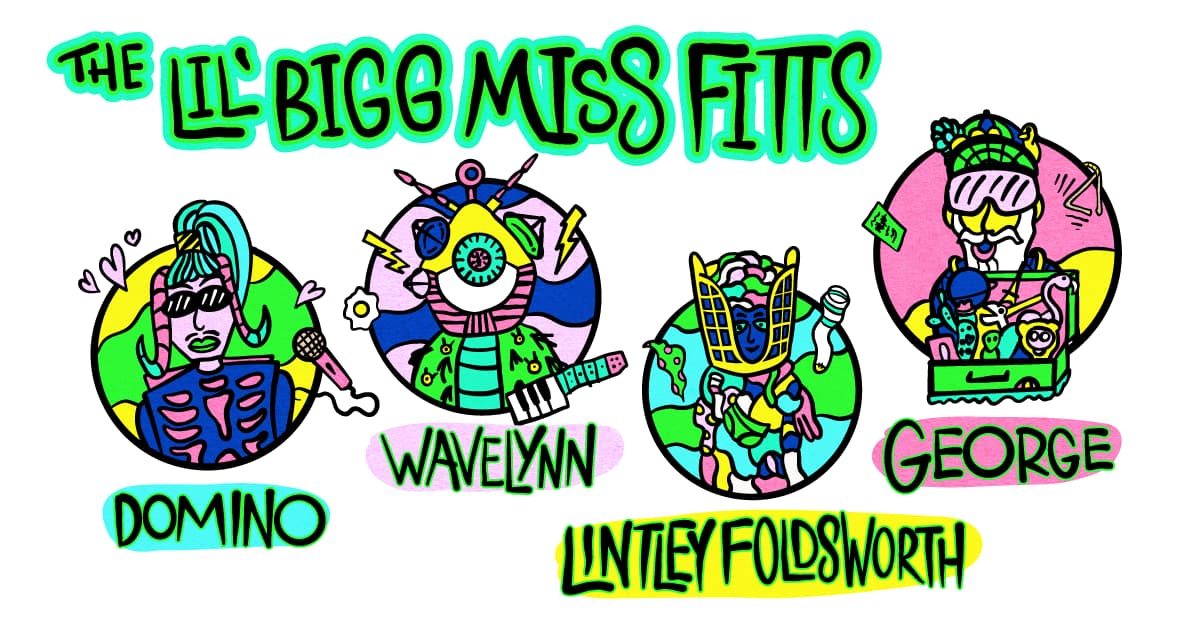 A drawing of 4 colorful alien characters of the group Lil' Bigg Miss Fitts.