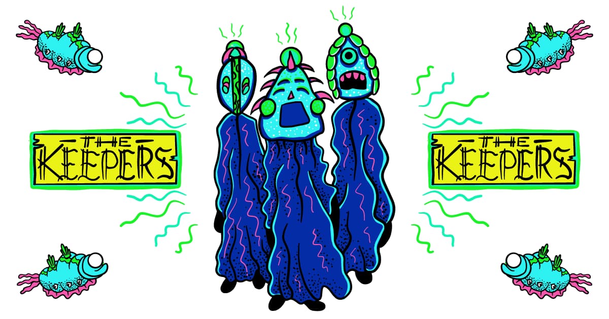 blue creatures known as the Keepers at Meow Wolf
