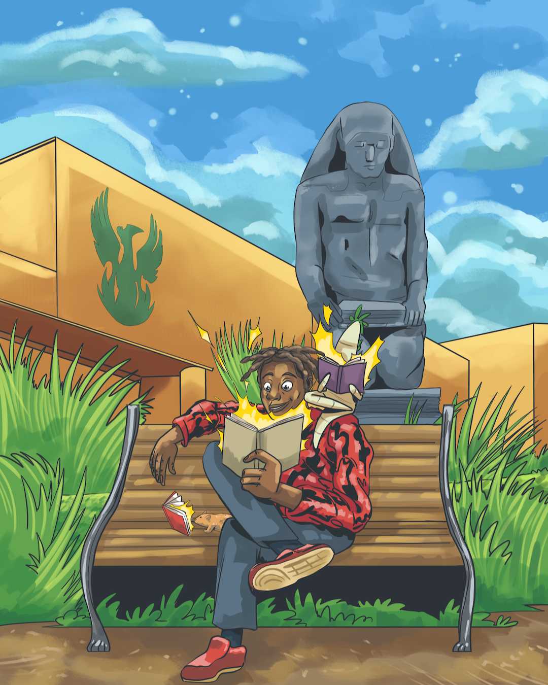 An illustration of a person reading a book with a daikon and hamster outside of a building.