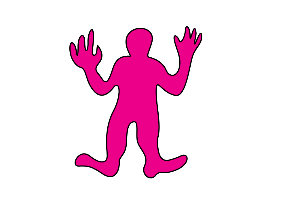 A pink shape of a person stands with hands up.