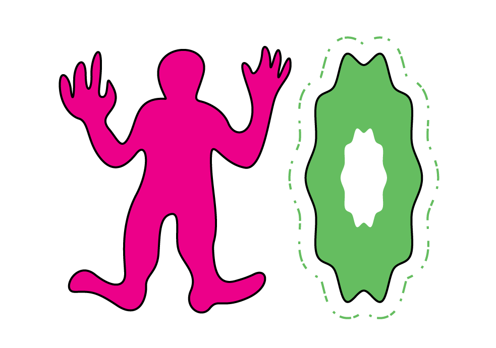 A pink shape of a person stands with hands up, a green portal is to their right.
