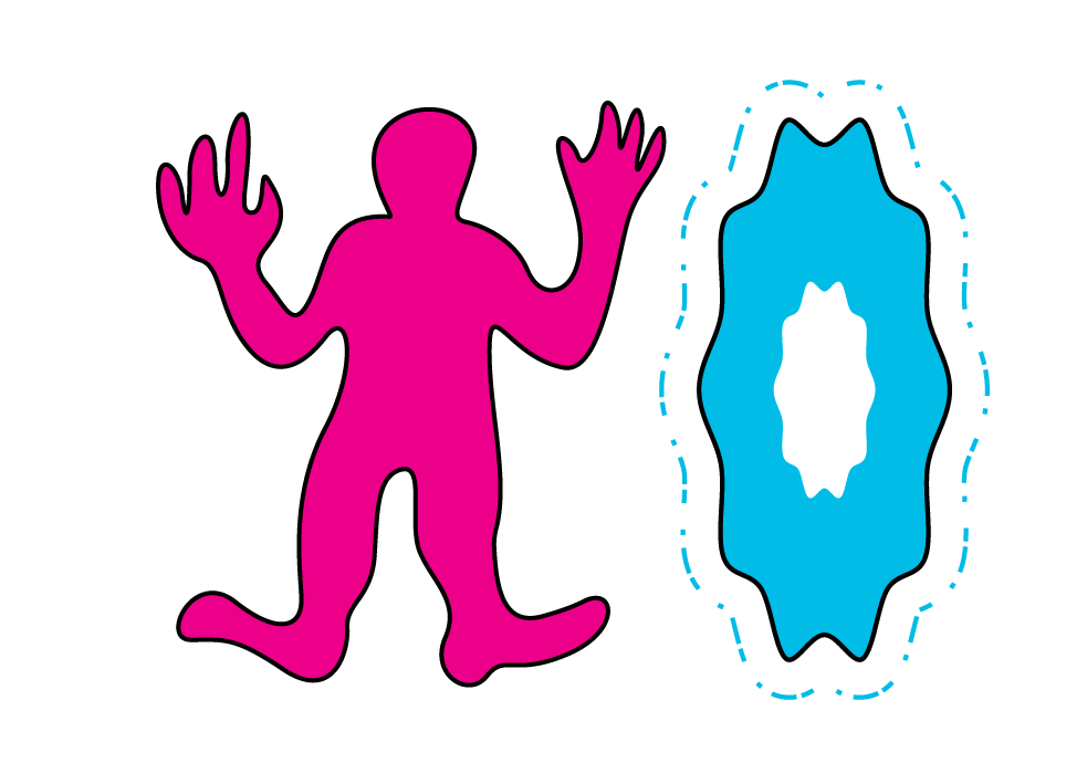 A pink shape of a person stands with hands up, a blue portal is to their right.