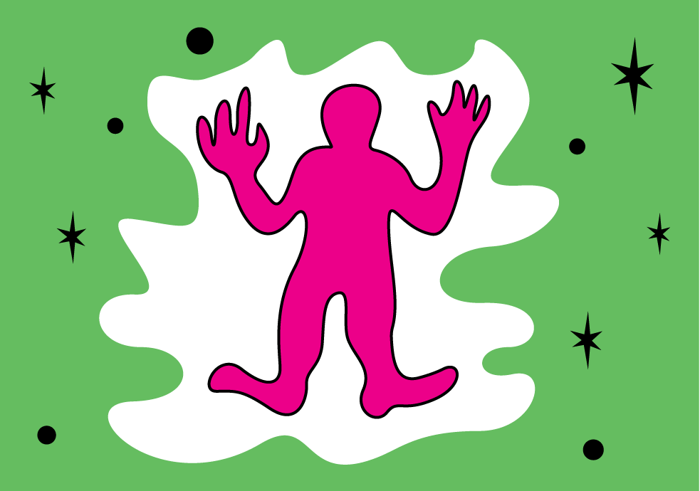 A pink shape of a person stands in the middle with a green background and stars around them.