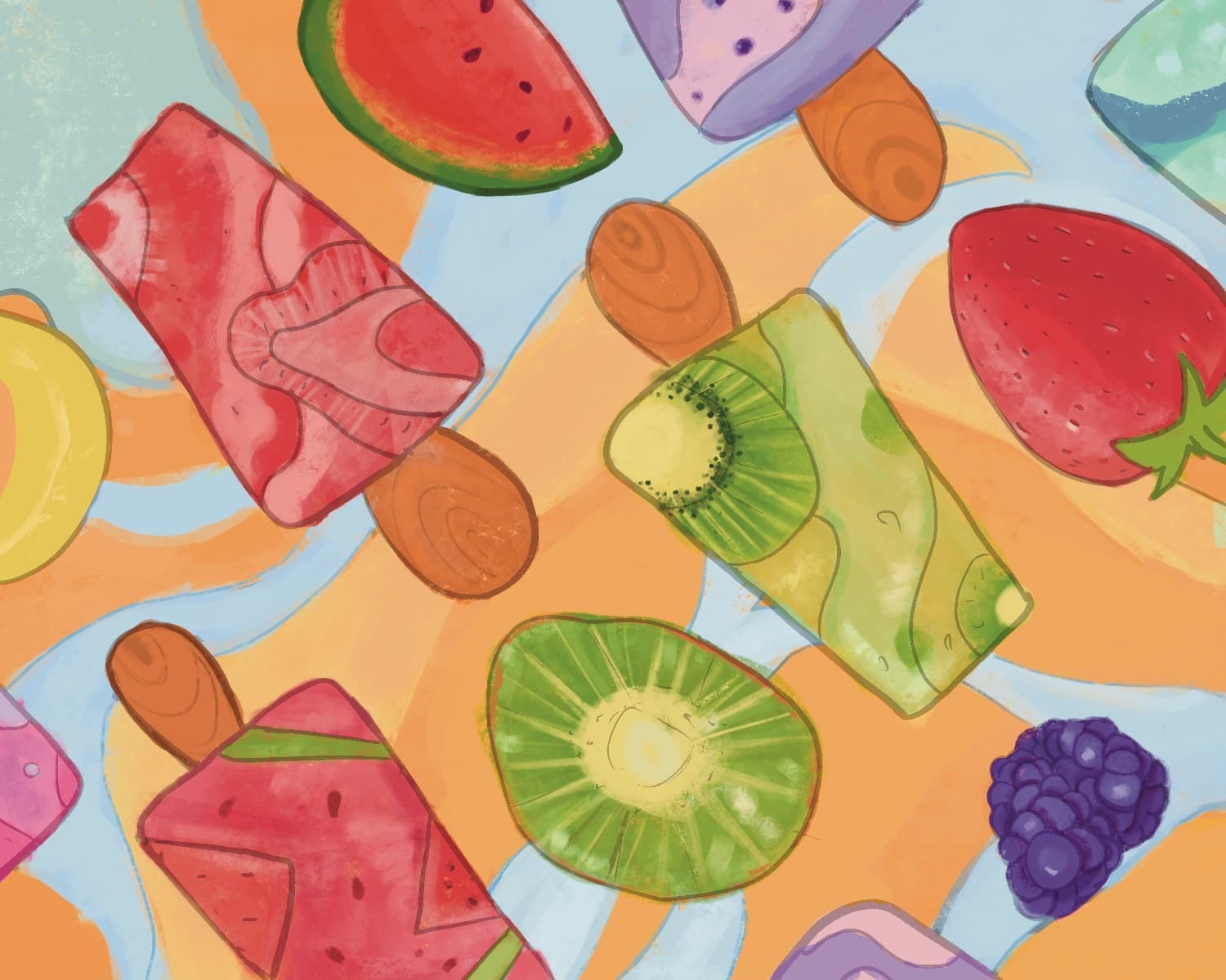  Playful illustrated pattern of fruity popsicles, watermelon slices, berries, and colorful summer treats in bright Taos-inspired colors.