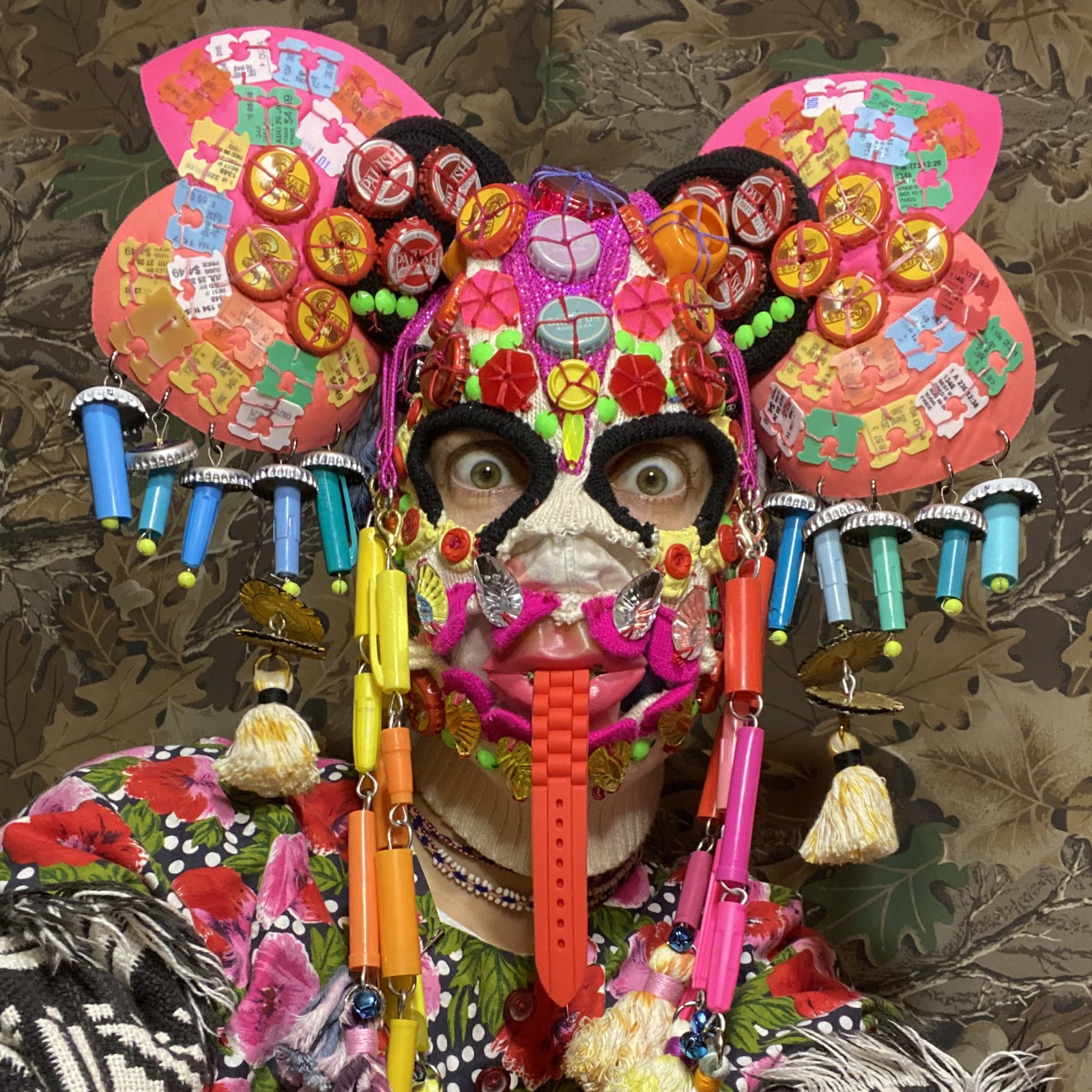 Corinne Loperfido wearing a reclaimed materials mask that she made