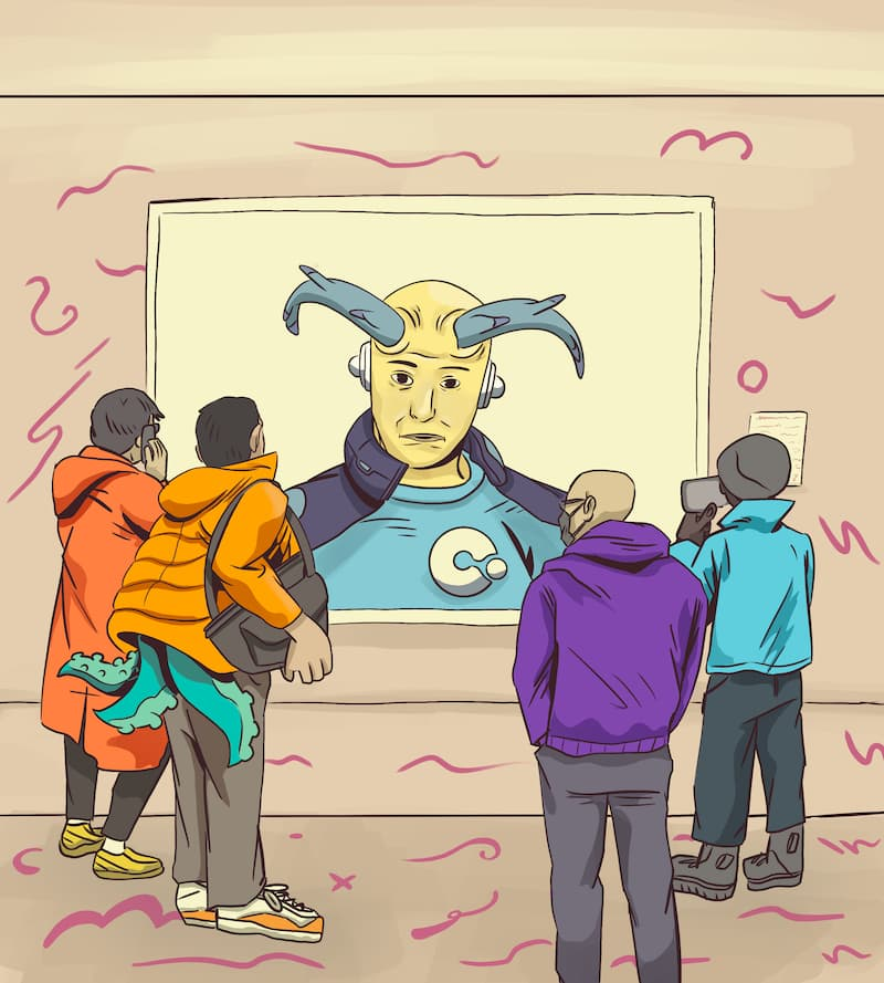 A group of people gather to look at a painting of a horned being.