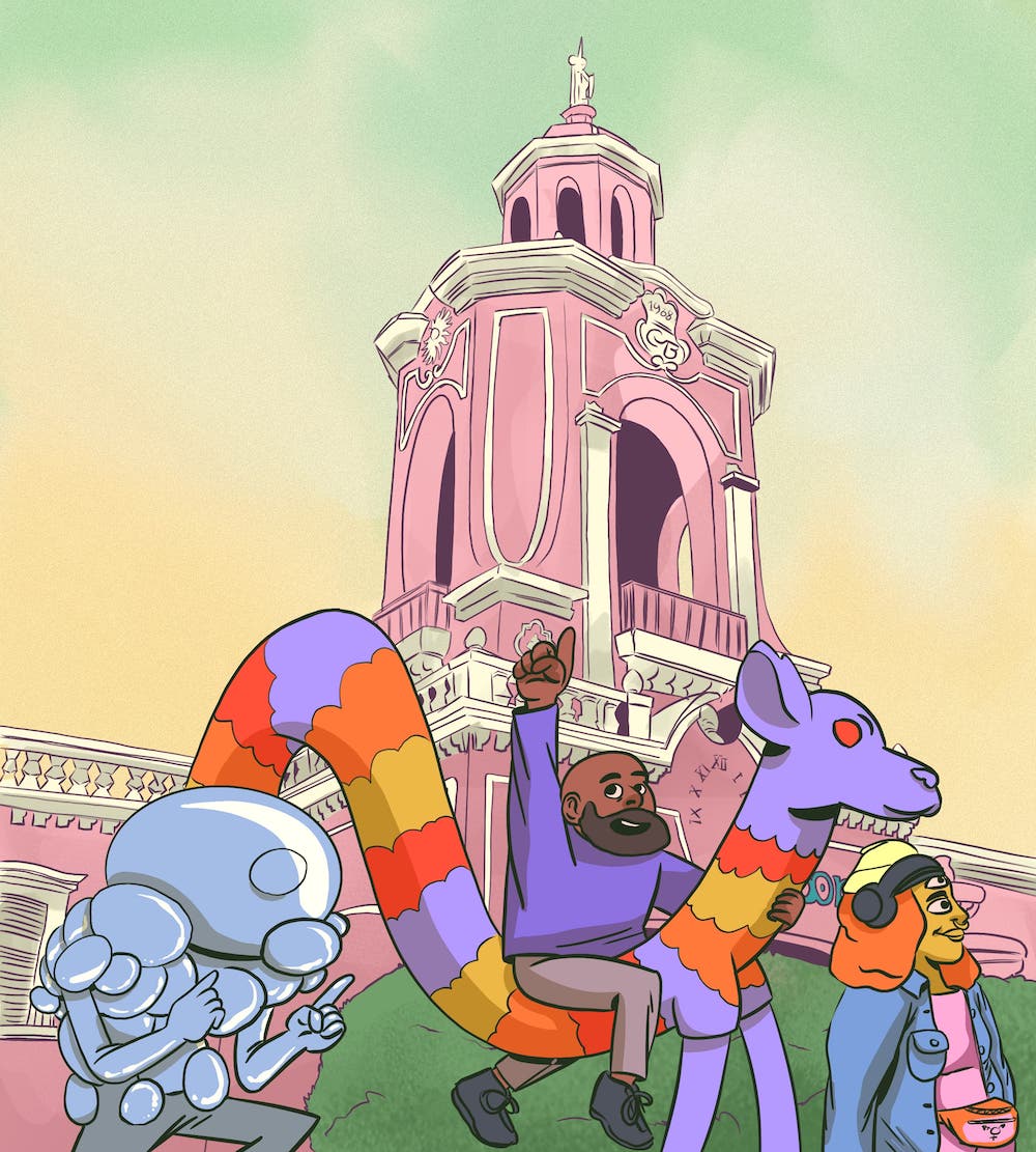 An illustration of the pink outside of Casa Bonita with a person riding a long colorful creature outside of it.
