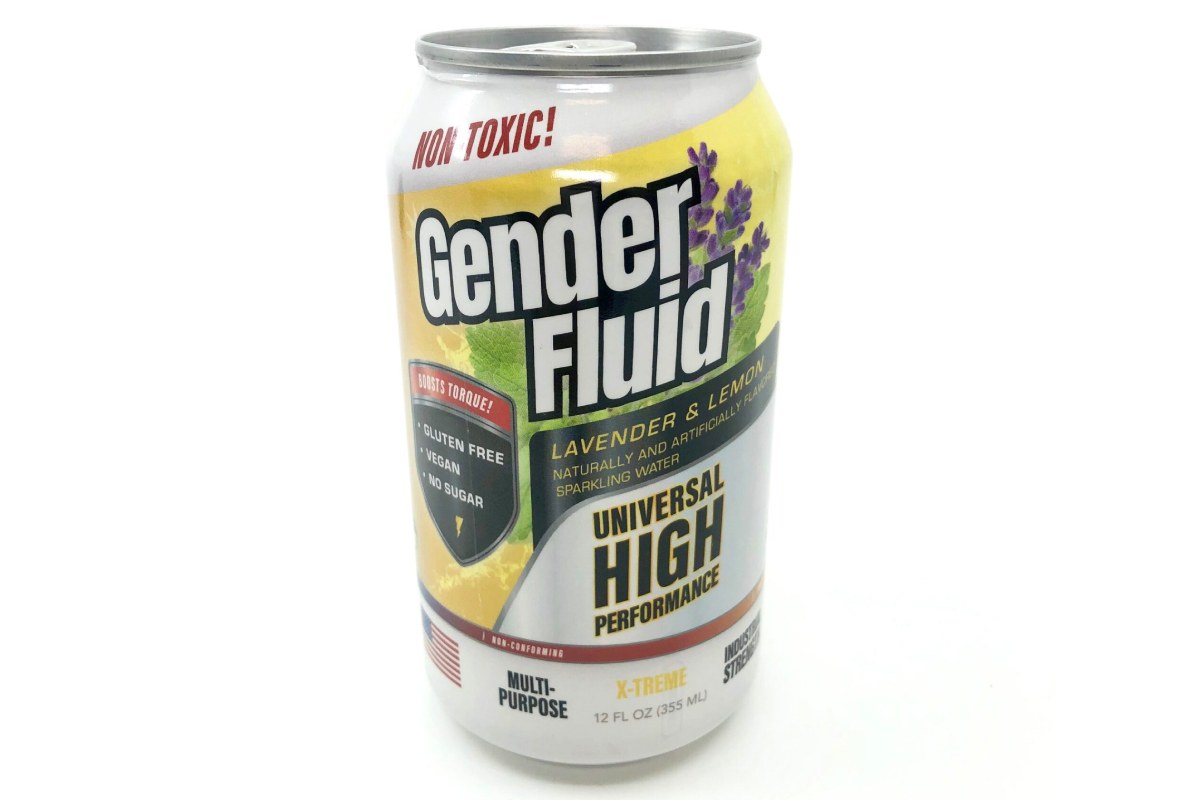A white background with a small can with Gender Fluid and other "health" claims listed on the can.