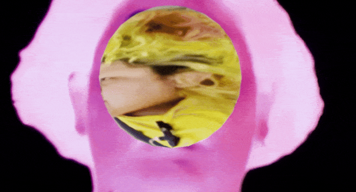 A gif of a person's face zooming into a yellow circle with a distorted image of a person 