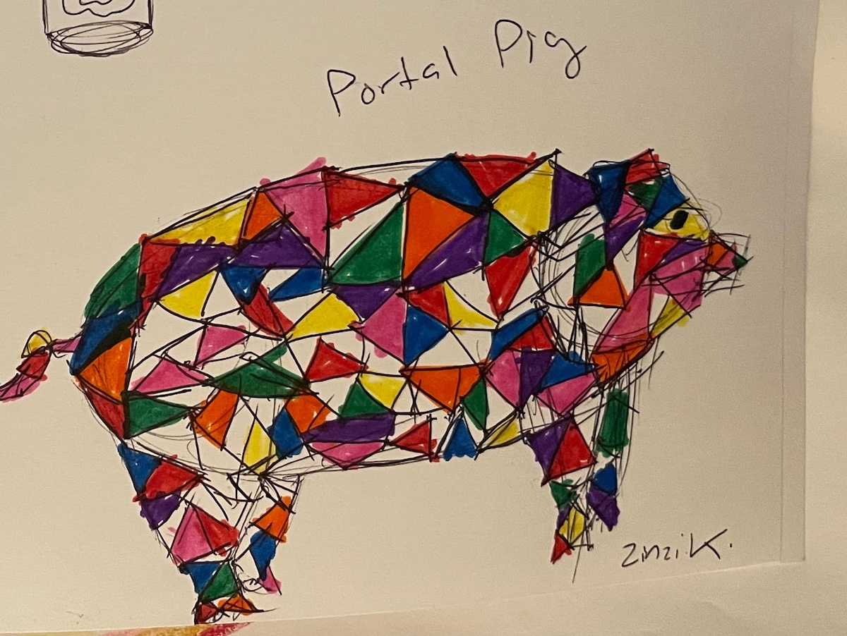 hand drawing of a pig with multi dimensional colors