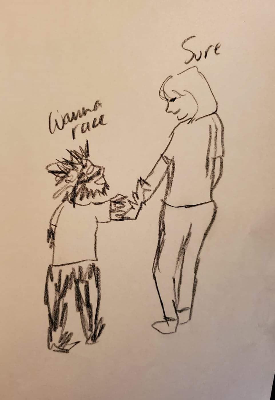 drawing of a little being looking up at a human saying "wanna race"