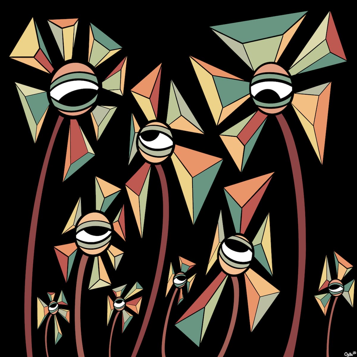 eyeball flowers with dimensional shapes and earthy tones